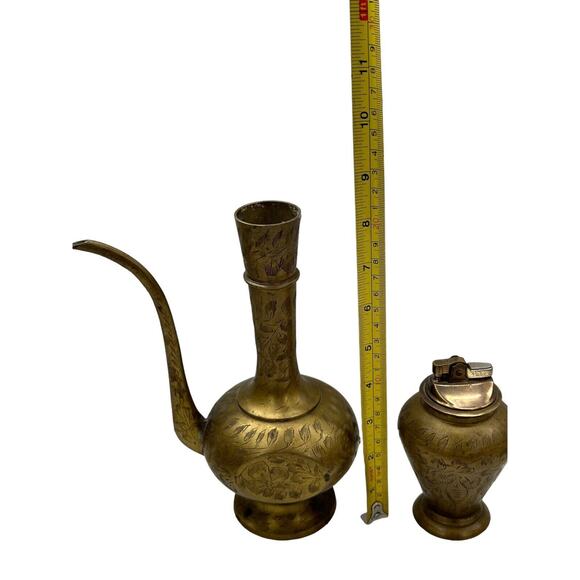 Antique Brass Table Lighter And Vase SET Etched Traditional Style - Picture 3 of 9